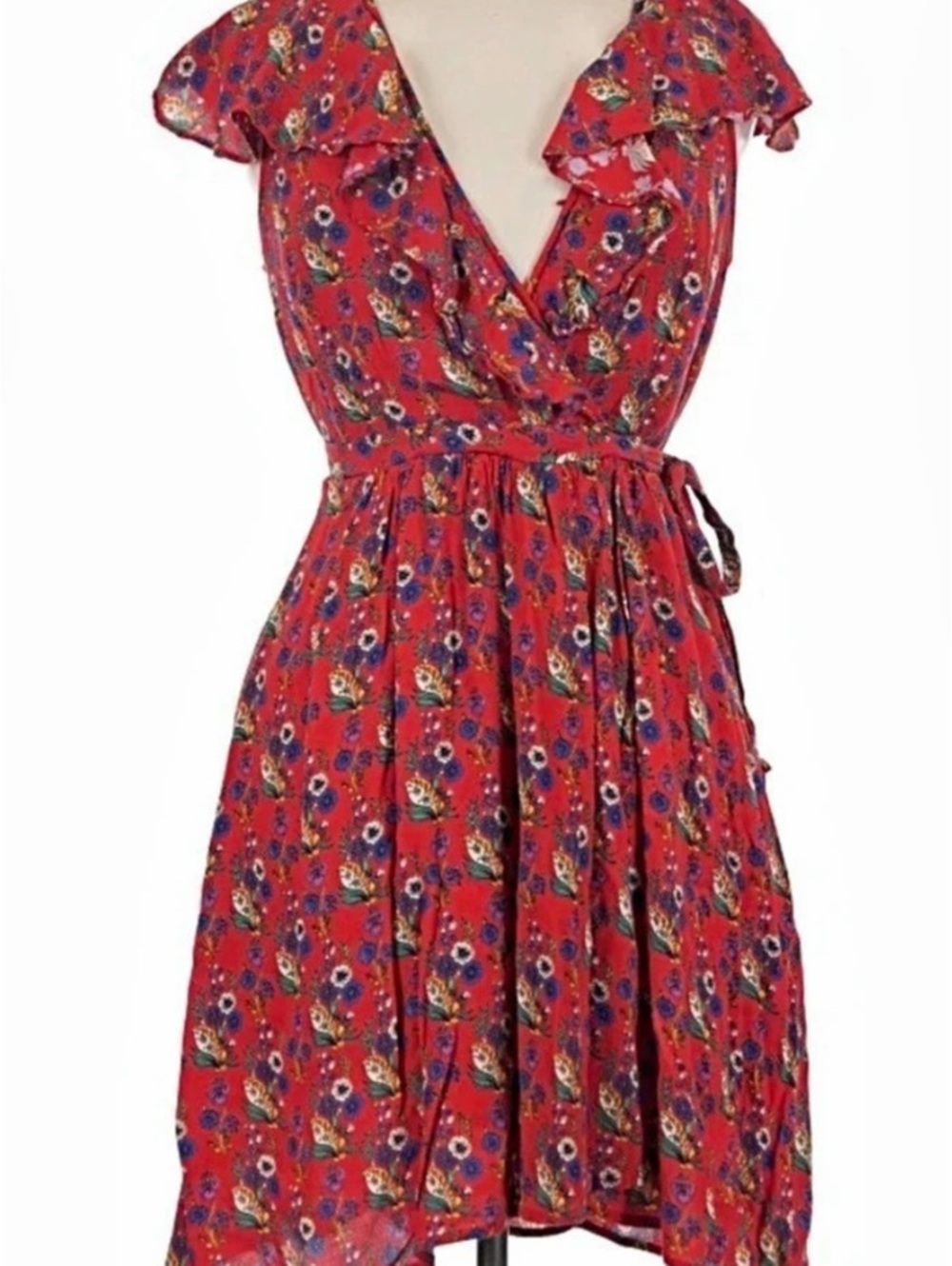 Maeve by Anthropologies flutter sleeve Floral Midi Dress in Red & Blue Like New